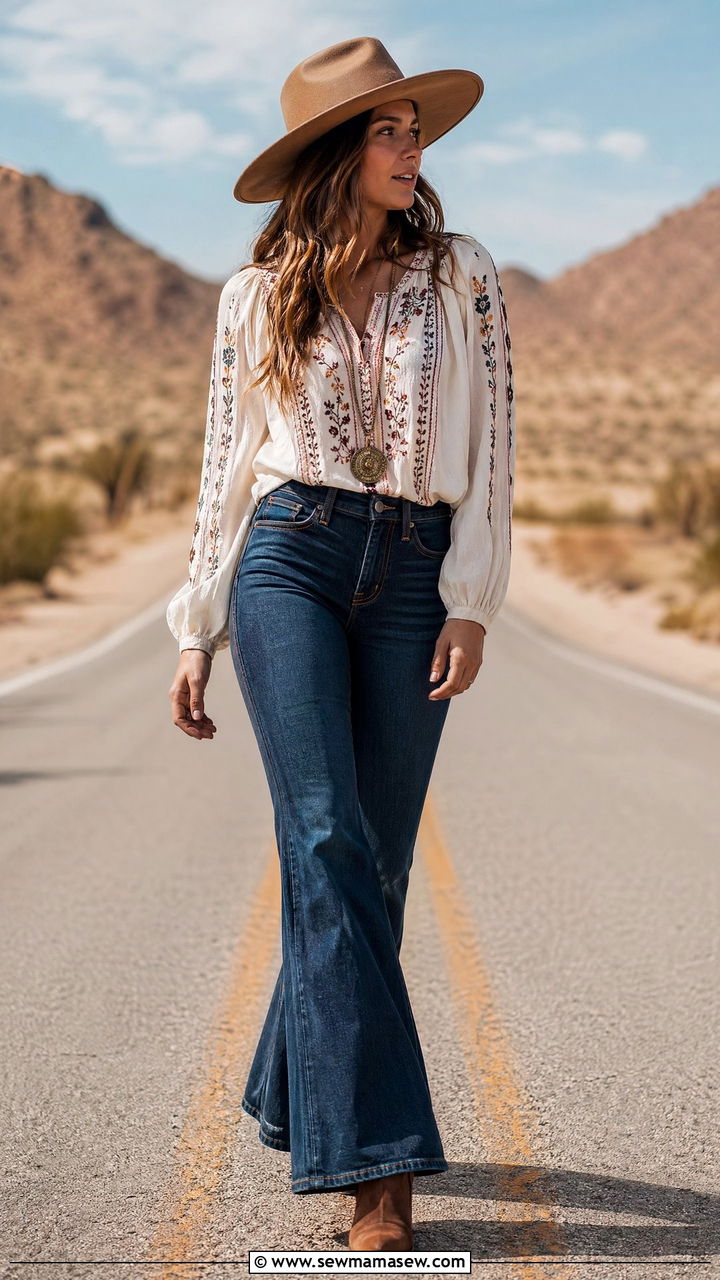 Embroidered Peasant Blouse With Flared Jeans - 35 Western boho outfit ideas