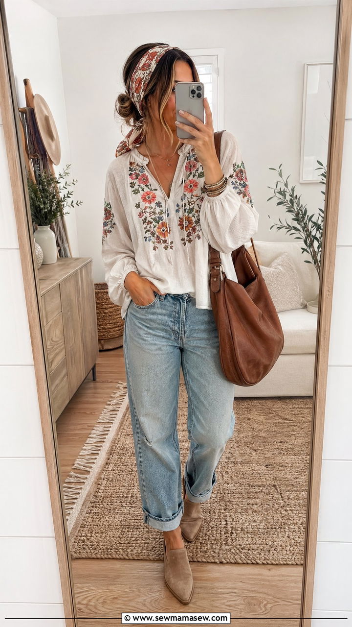 Embroidered Peasant Top with Boyfriend Jeans - 35 spring boho chic outfits
