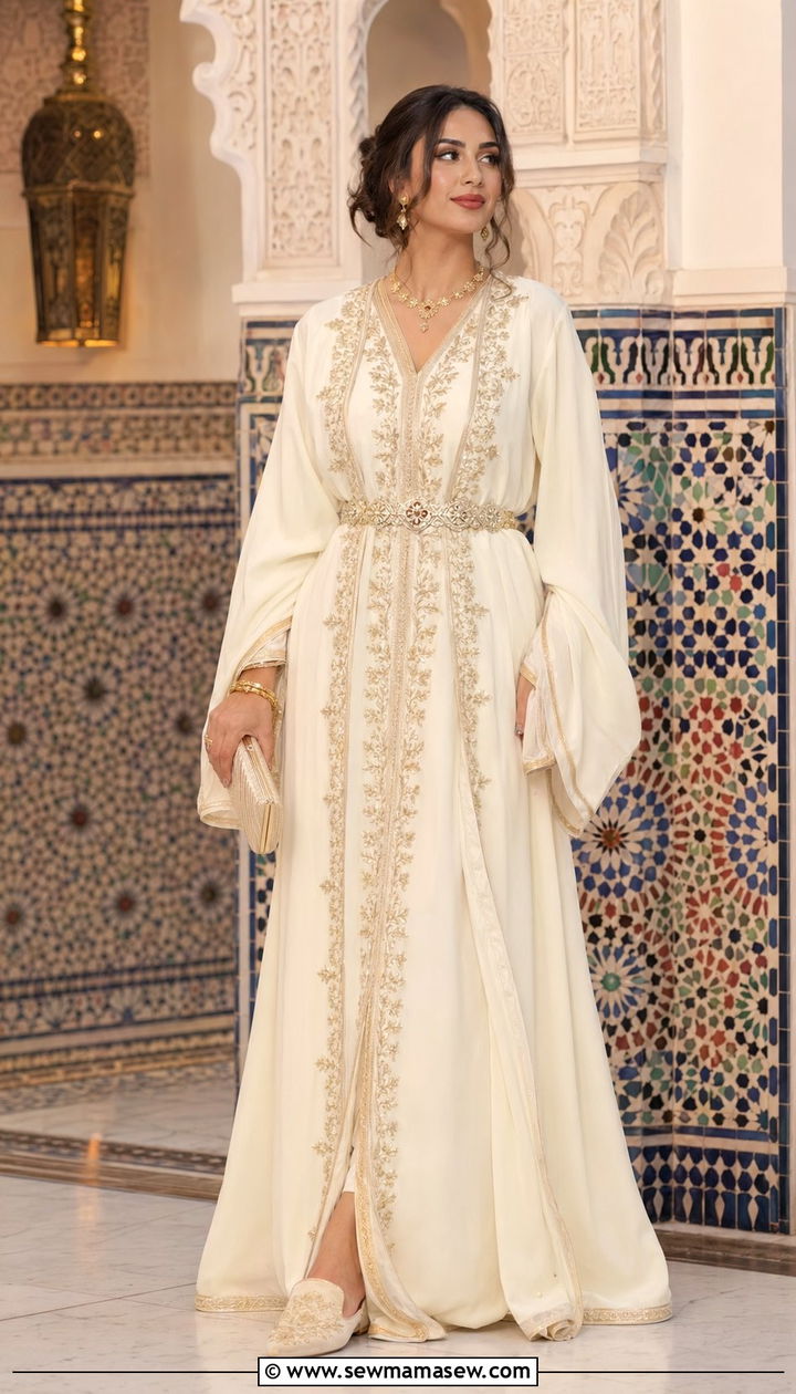 Embroidered Takchita Or Gandoura With Babouche Slippers - 35 Ramadan outfit ideas for women