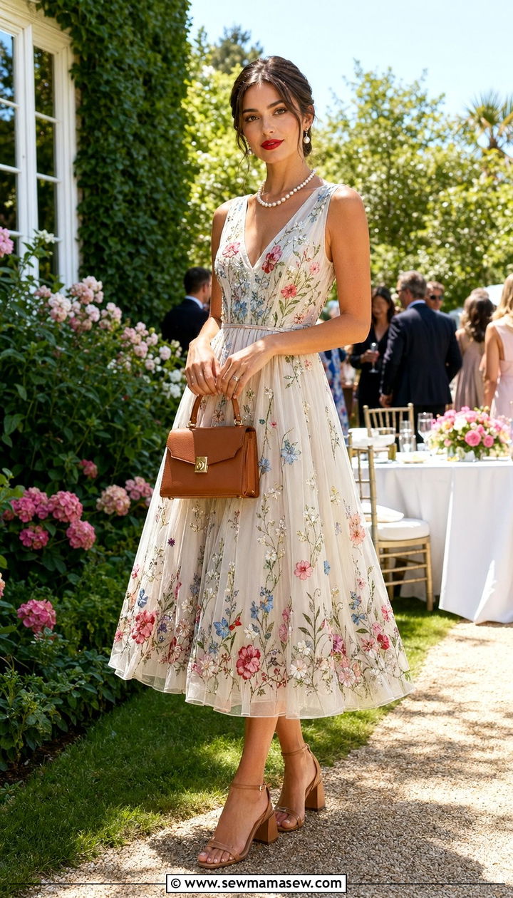Embroidered Tea Length Dress Wedding Guest Outfit - 30 Wedding guest outfits summer 2026