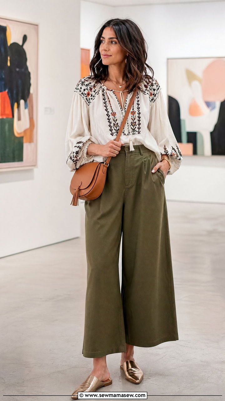 Embroidered Top With Culottes - 35 spring boho chic outfit ideas