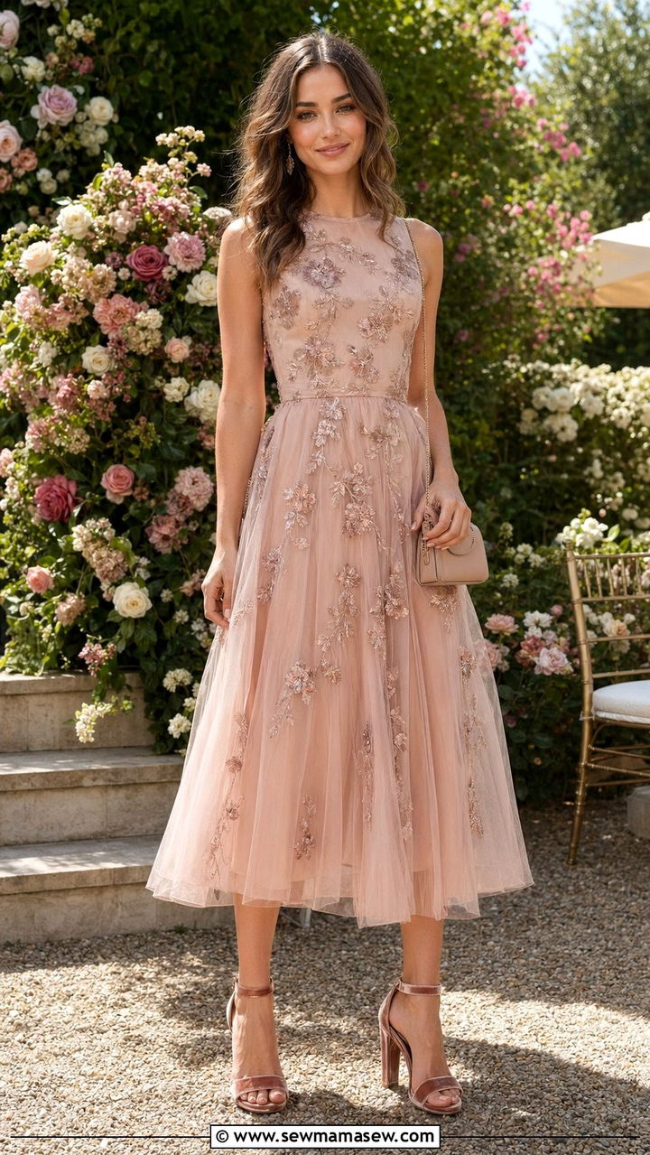 Embroidered Tulle Midi Dress Wedding Guest Outfit - 30 wedding guest outfits aesthetic