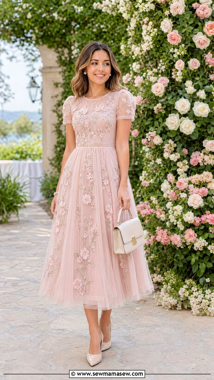 Embroidered Tulle Midi Dress With Pearlescent Pumps - 35 Petite outfit ideas for wedding guest