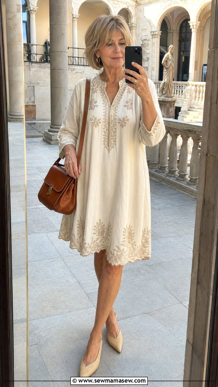Embroidered Tunic Dress with Neutral Flats - 30 Best dresses for women over 60