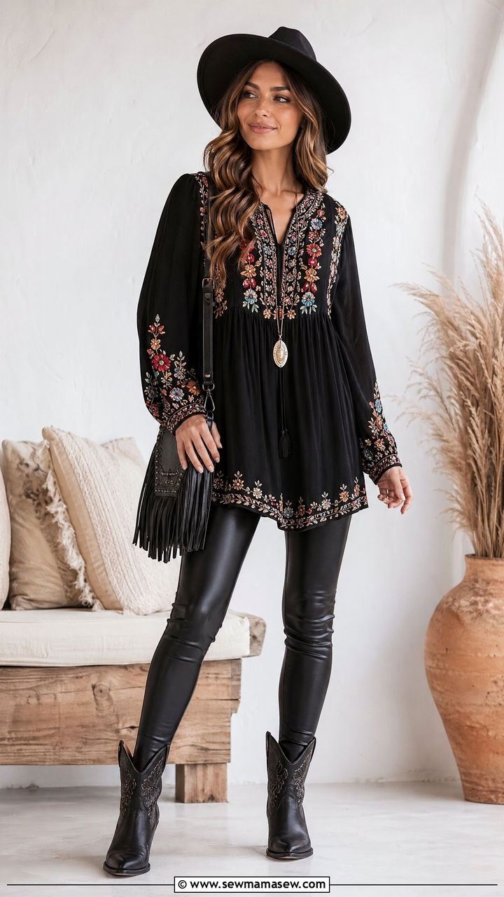 Embroidered Tunic With Faux Leather Leggings - 35 Western boho outfit ideas
