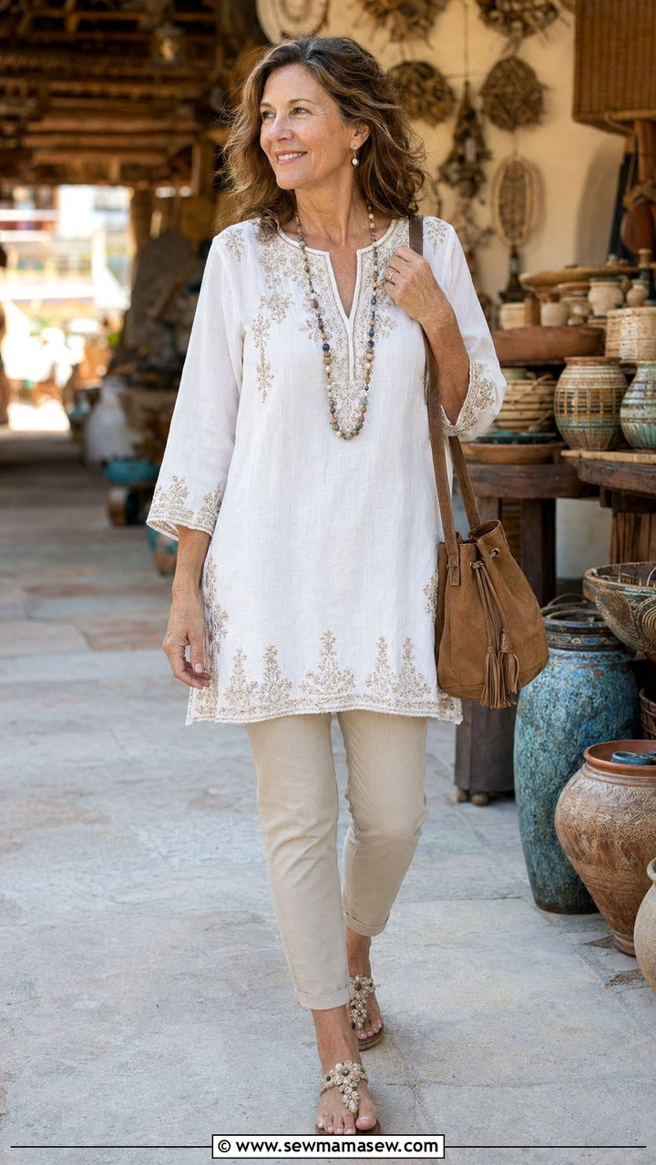 Embroidered Tunic and Ankle Pants Set - 35 Resort wear outfit ideas for women over 50