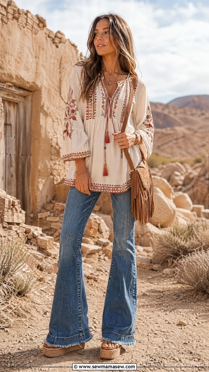 Embroidered Tunic and Flared Jeans - 35 summer boho outfit ideas