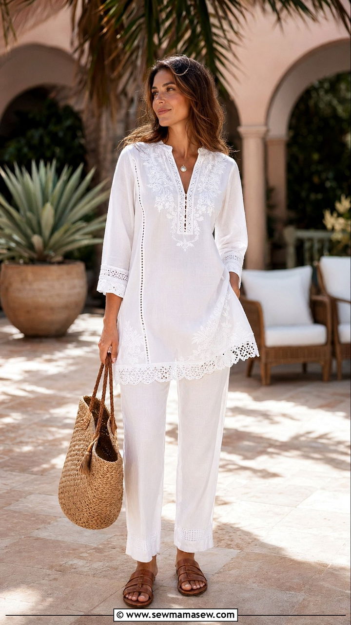 Embroidered Tunic and Linen Pants Resort Outfit - 35 resort outfits ideas