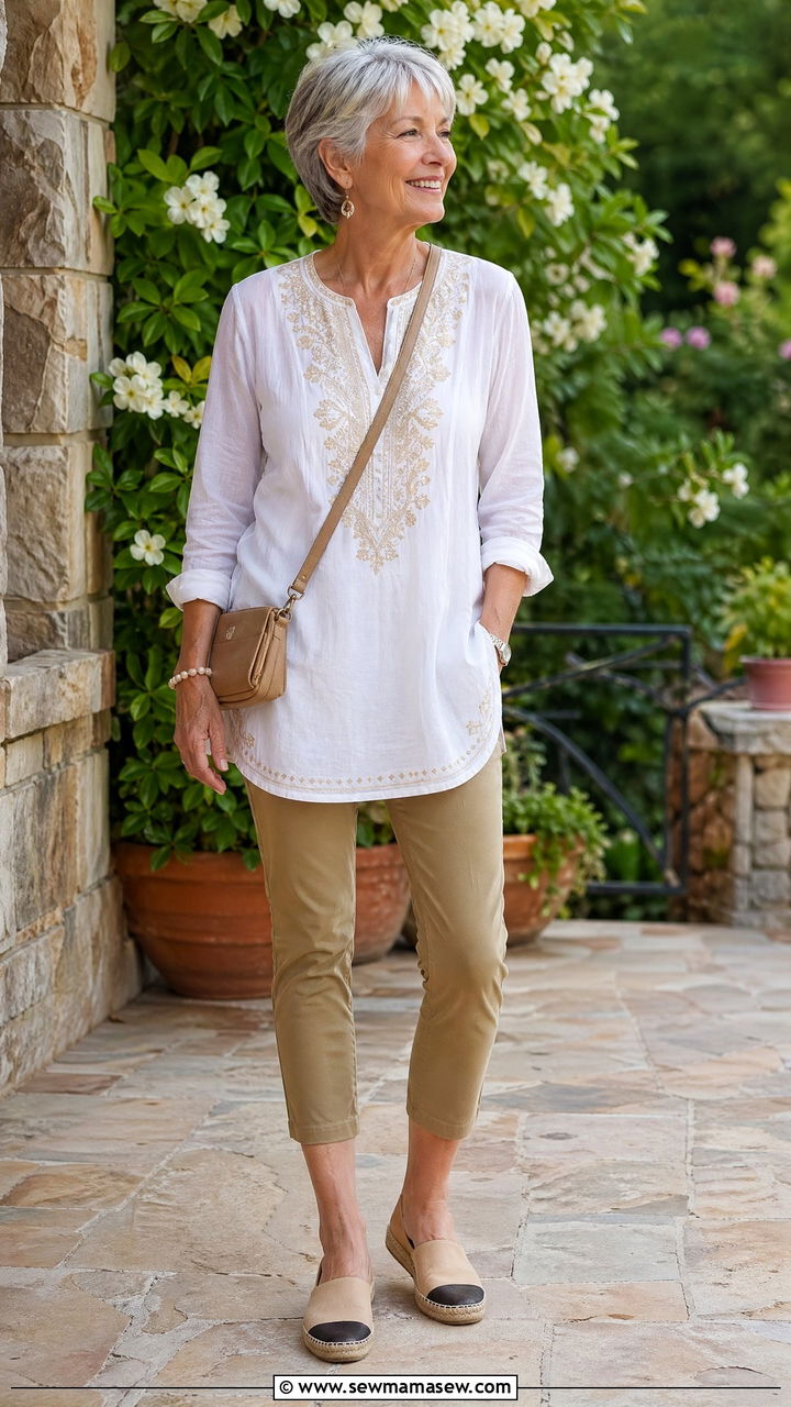 Embroidered Tunic and Slim Cropped Pants - 35 Vacation outfit ideas for women over 60