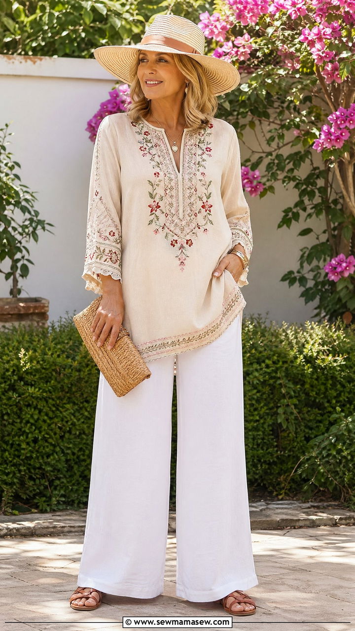 Embroidered Tunic and White Wide Leg Pants Outfit - 35 Summer capsule wardrobe for women over 50