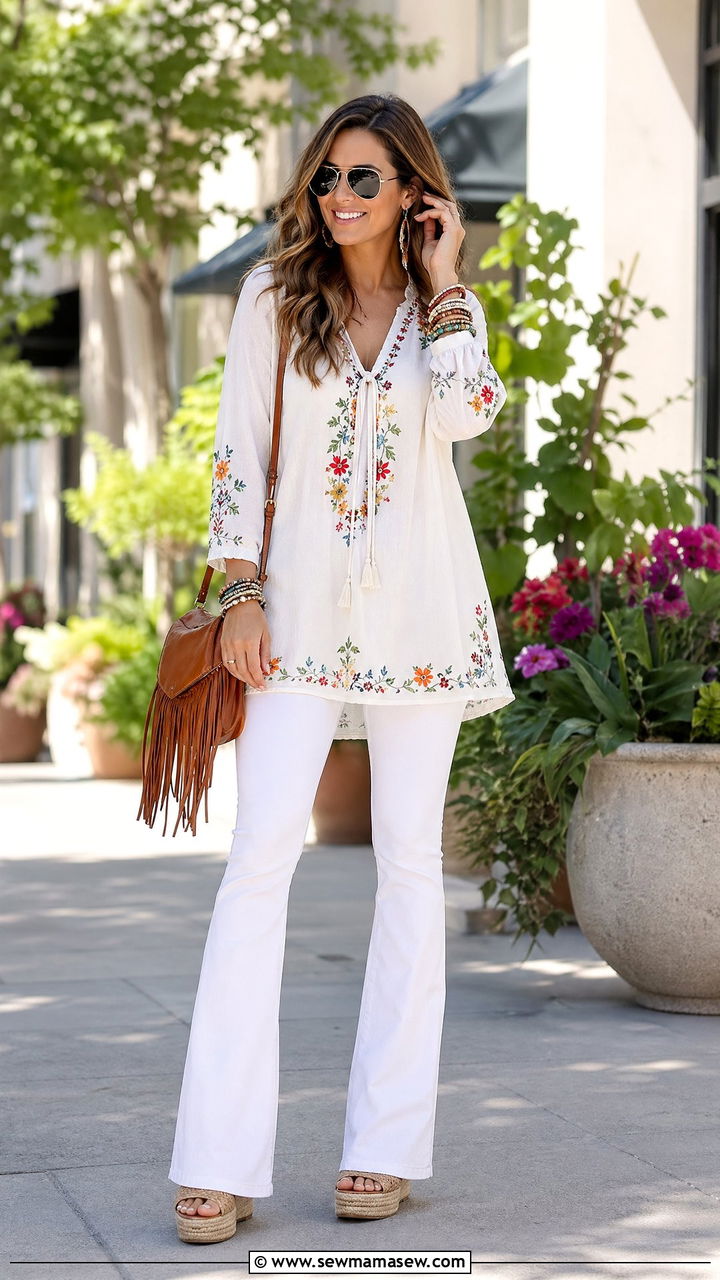 Embroidered Tunic with White Flare Jeans - 35 spring boho chic outfits