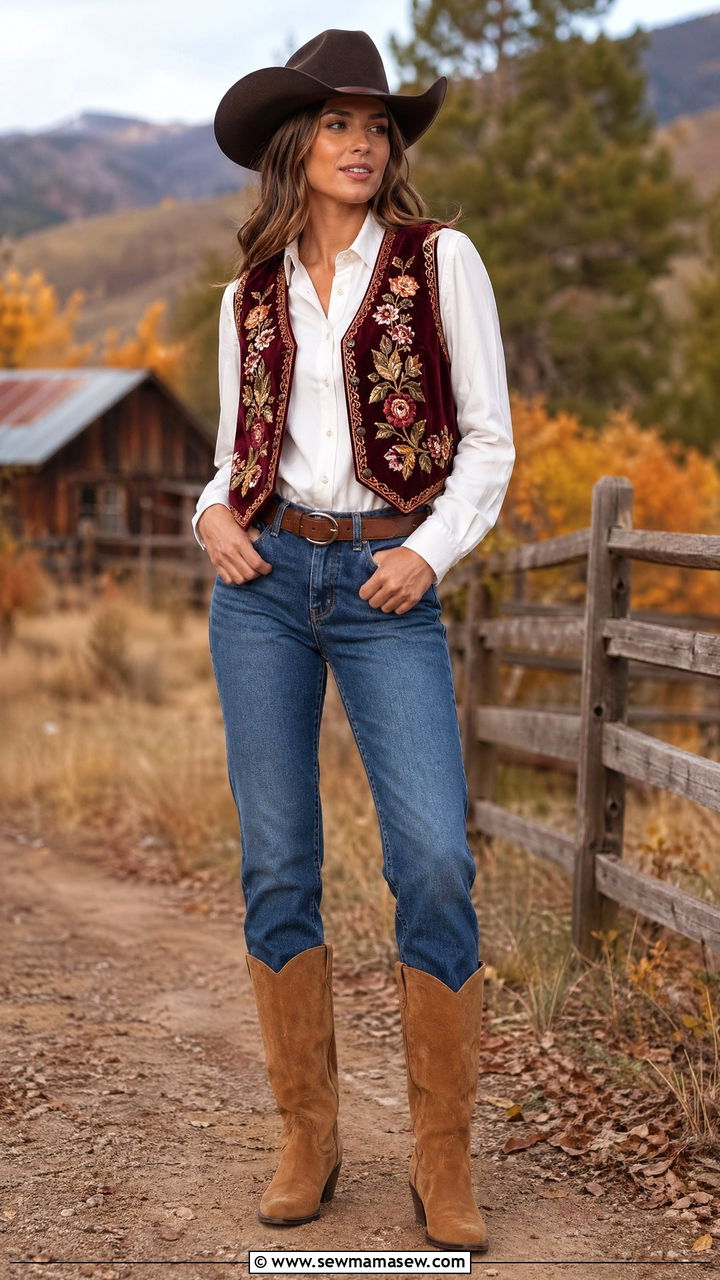 Embroidered Vest With Jeans And Suede Boots - 35 Cowgirl outfit ideas