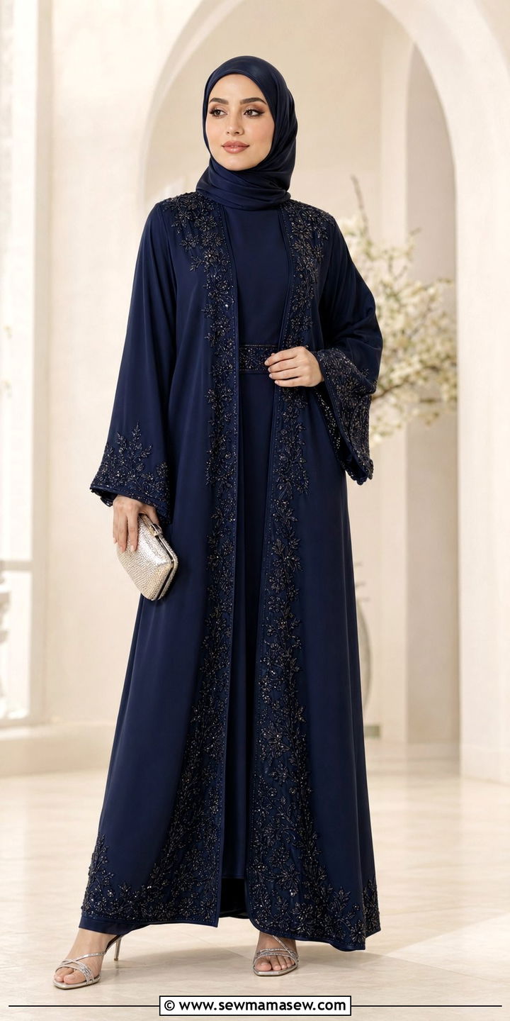 Embroidered abaya with heeled sandals - 35 Modest outfit ideas for Muslim women