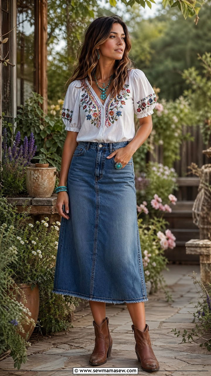 Embroidered blouse with denim midi skirt - 35 Western spring outfits
