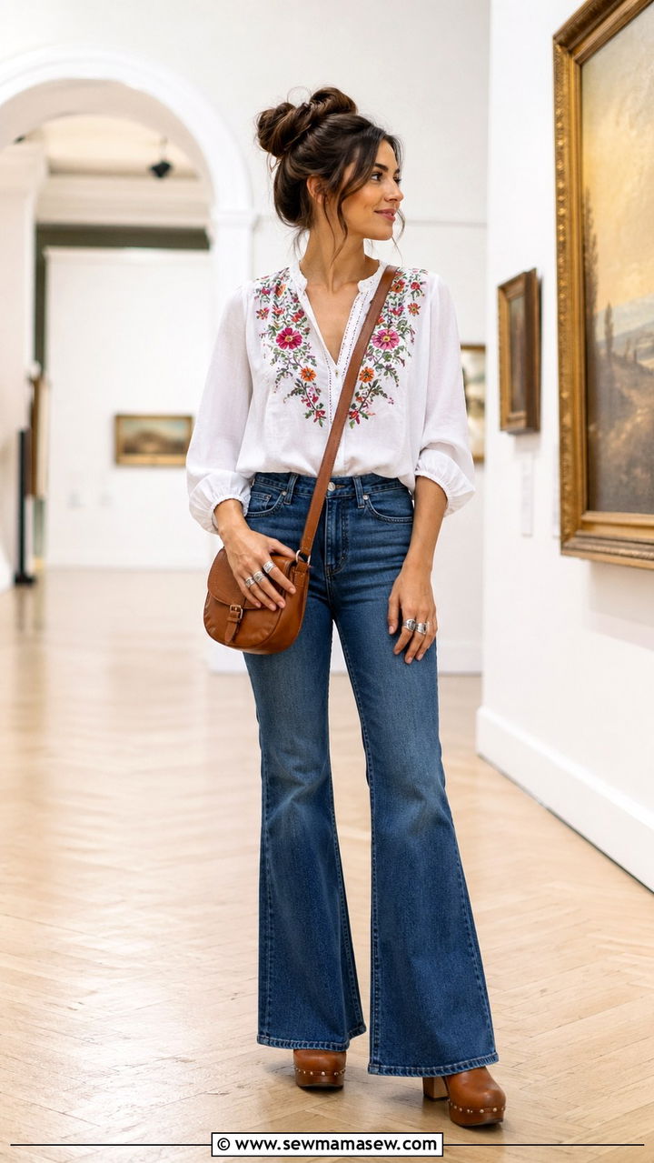 Embroidered blouse with flare jeans outfit - 30 romantic capsule wardrobe outfits
