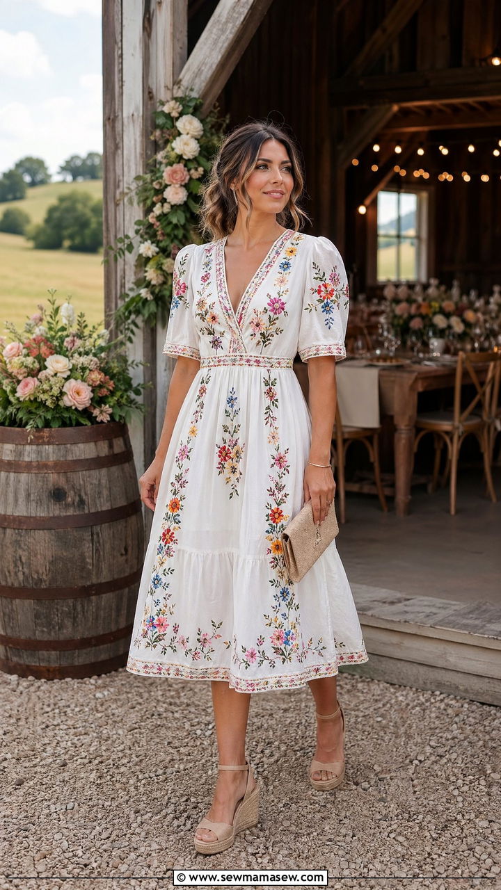 Embroidered cotton midi dress with heeled espadrilles - 35 summer wedding guest outfit ideas
