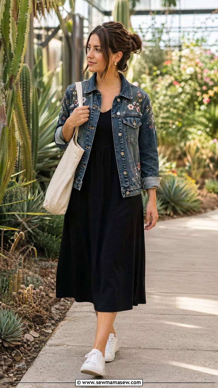 Embroidered denim jacket over summer dress - 35 transitional boho outfit ideas