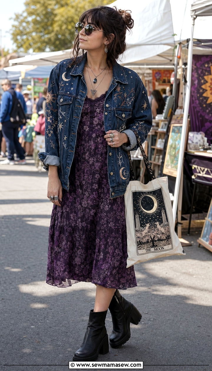Embroidered denim jacket with a floral midi dress - 30 Whimsigoth outfit ideas