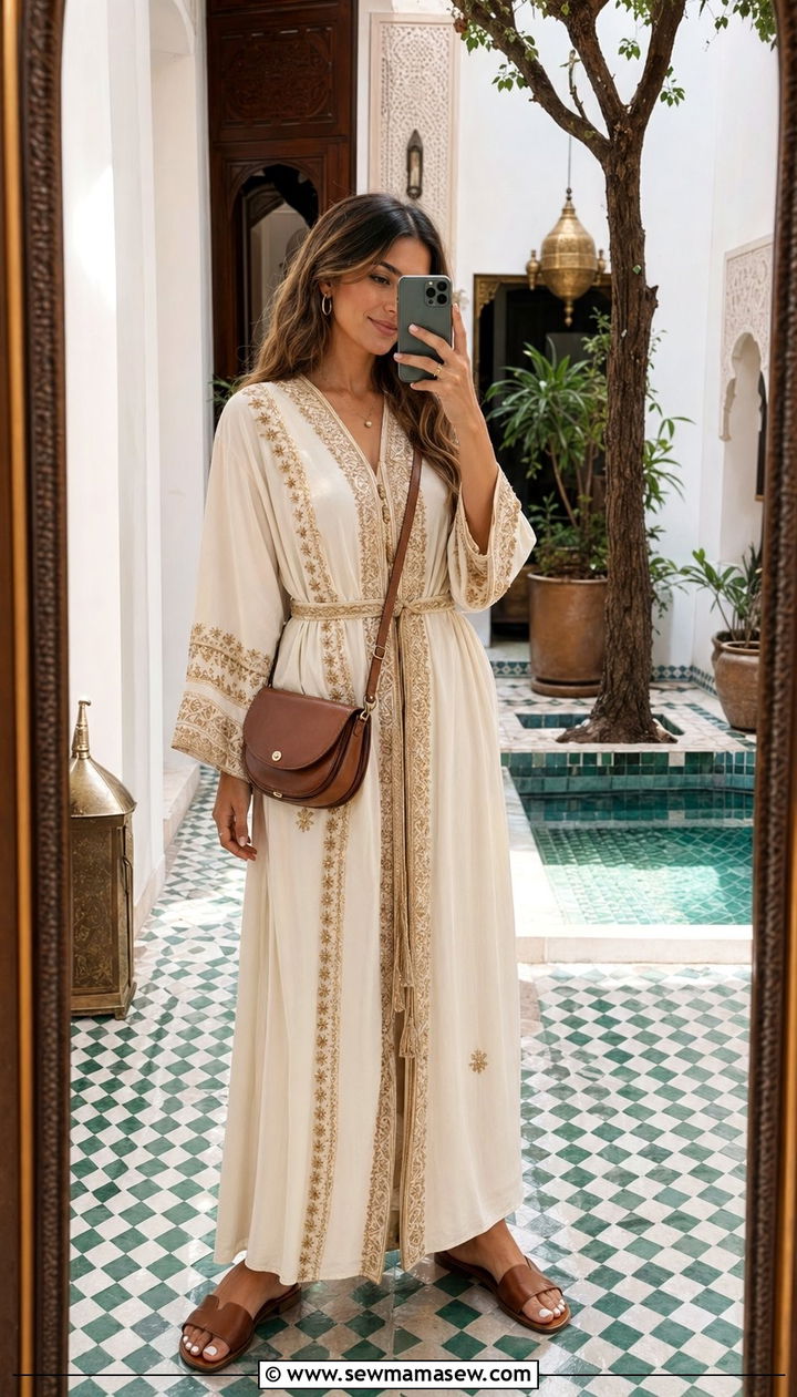 Embroidered kaftan with flat leather sandals - 35 Morocco vacation outfit ideas