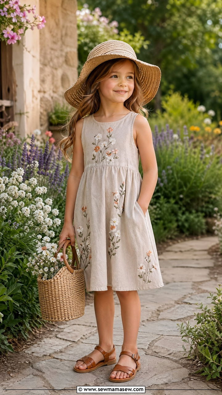 Embroidered linen dress for girls - 35 Spring outfits for little girls