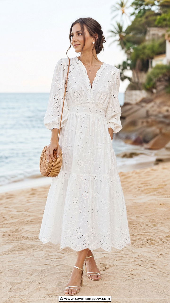 Embroidered midi dress with block heels - 35 Casual wedding guest outfit ideas