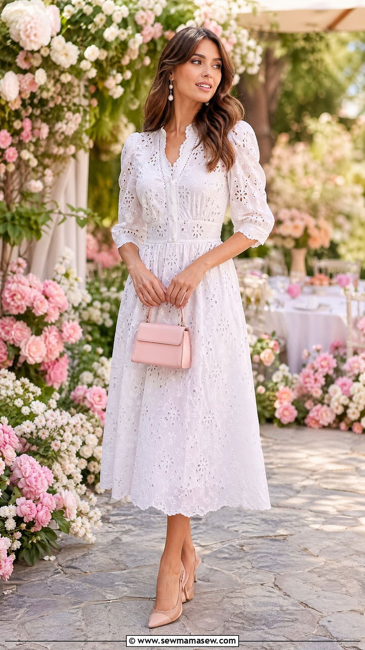 Embroidered midi dress with slingback heels - 35 spring romantic outfit ideas