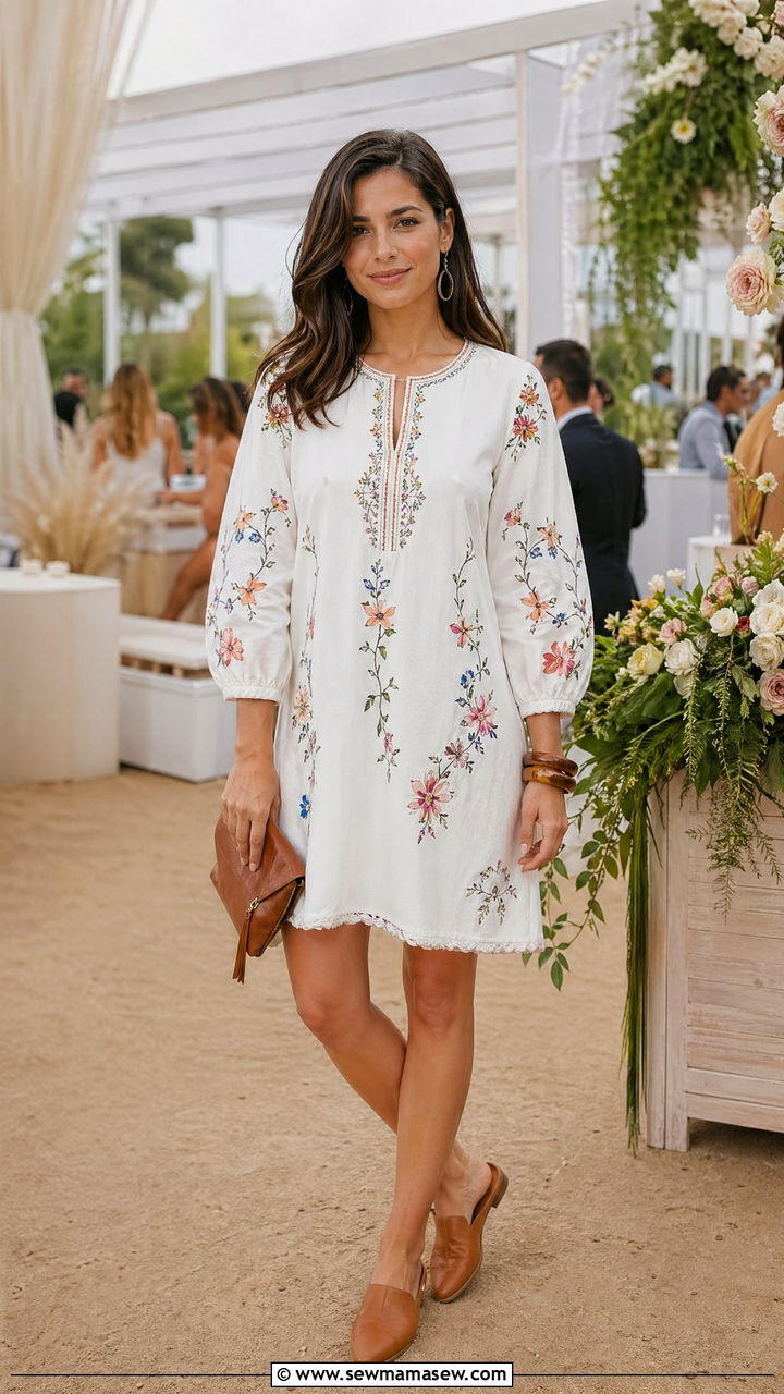 Embroidered shift dress and flat mules - 35 spring engagement party outfit ideas