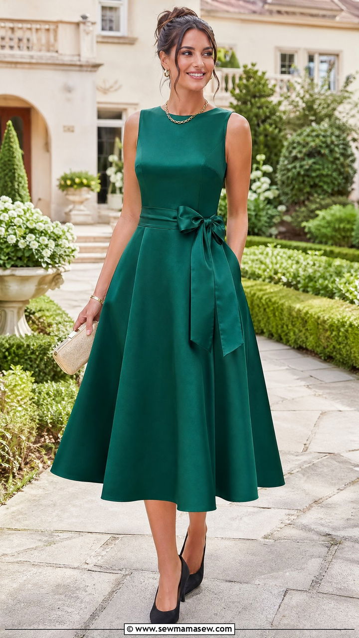 Emerald A line tea length dress with bow detail - 35 Country club wedding guest outfit ideas