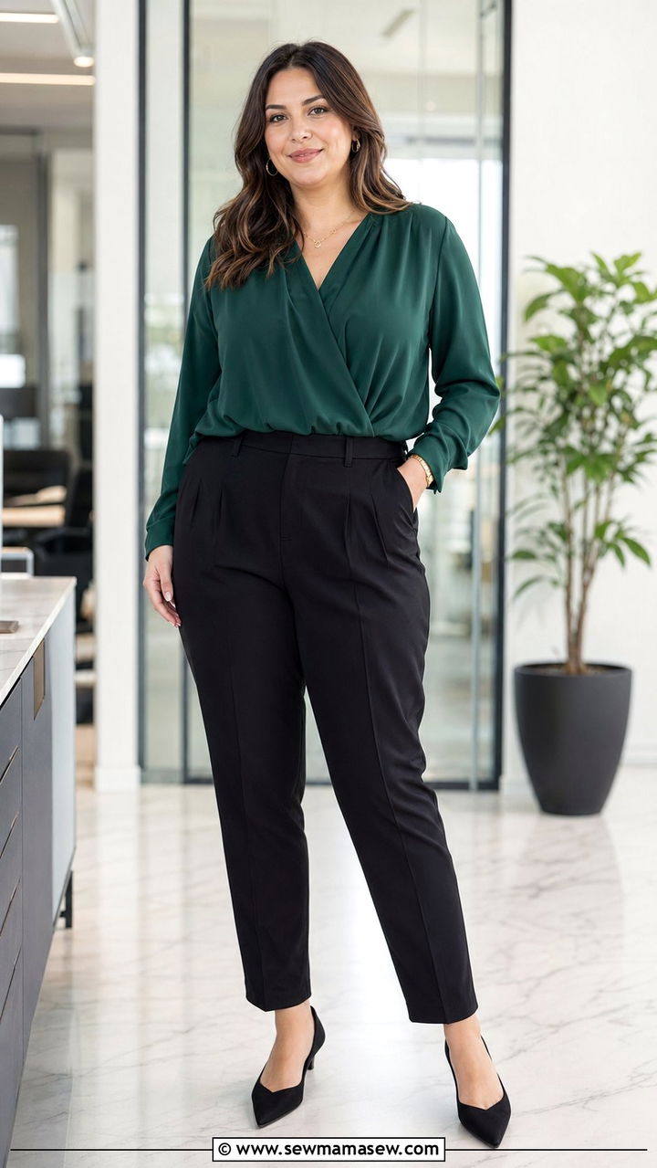 Emerald Blouse With Tailored Black Trousers And Pointed Flats - 30 Work outfits for midsize women