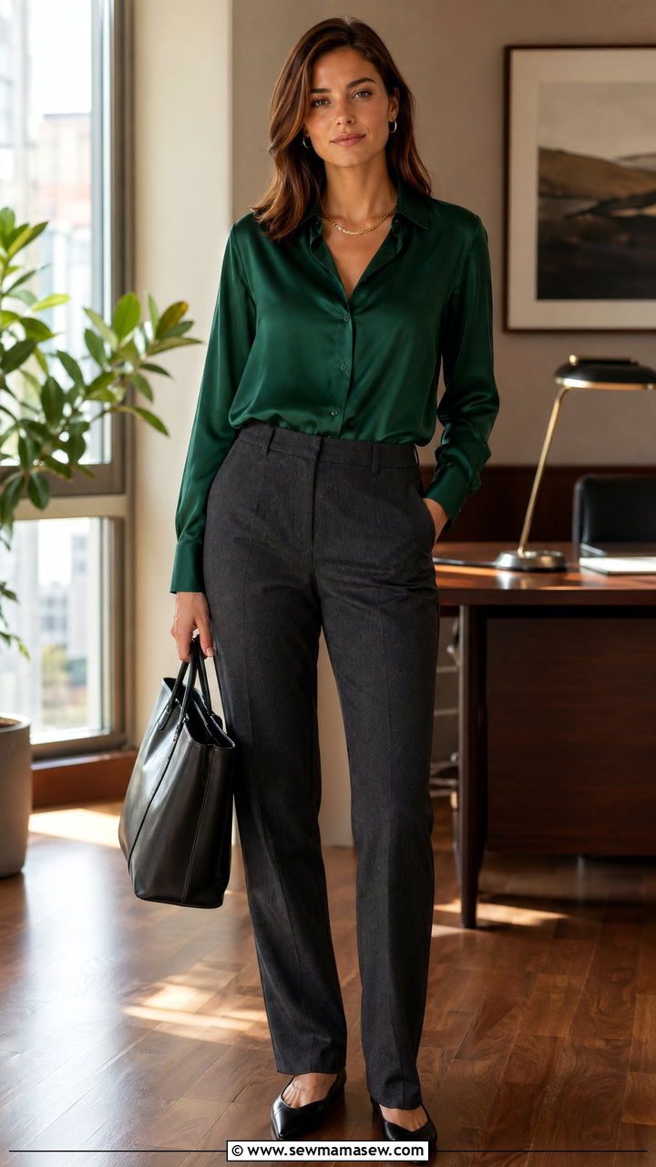 Emerald Green Blouse With Gray Flannel Trousers - 35 Classic business casual outfits