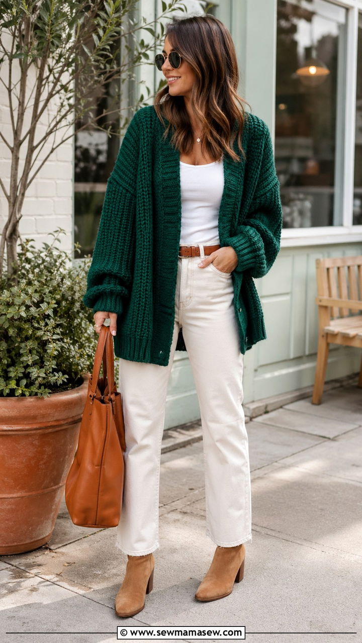 Emerald Green Cardigan With Cream Jeans - 40 All emerald green outfit ideas