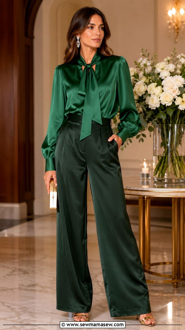 Emerald Green Satin Blouse And Wide Leg Pants - 40 All green outfit ideas