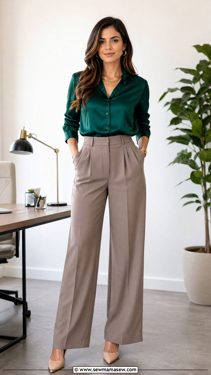 Emerald Green Satin Blouse with Taupe Wide Leg Trousers - 35 workwear outfit ideas for women