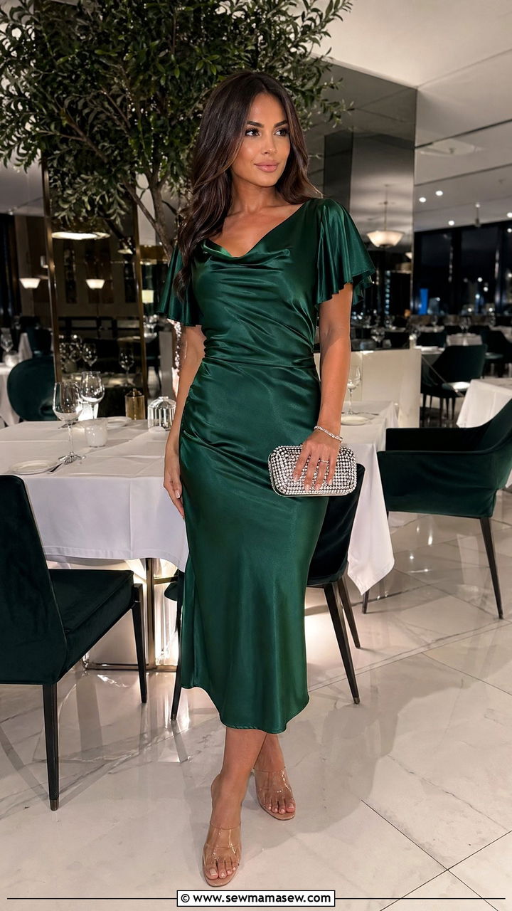Emerald Green Satin Dress With Clear Heels - 35 what to wear to dinner