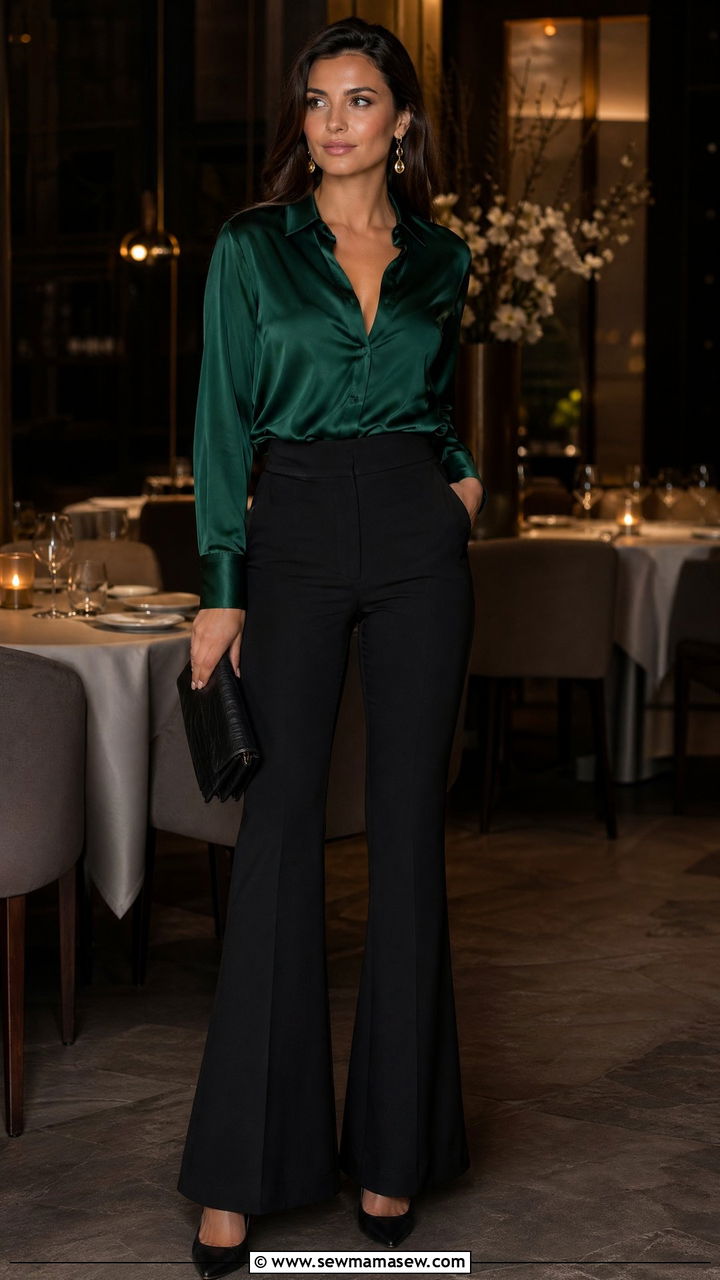 Emerald Green Silk Blouse With Black Flared Trousers And Heels - 35 classy elegant outfits