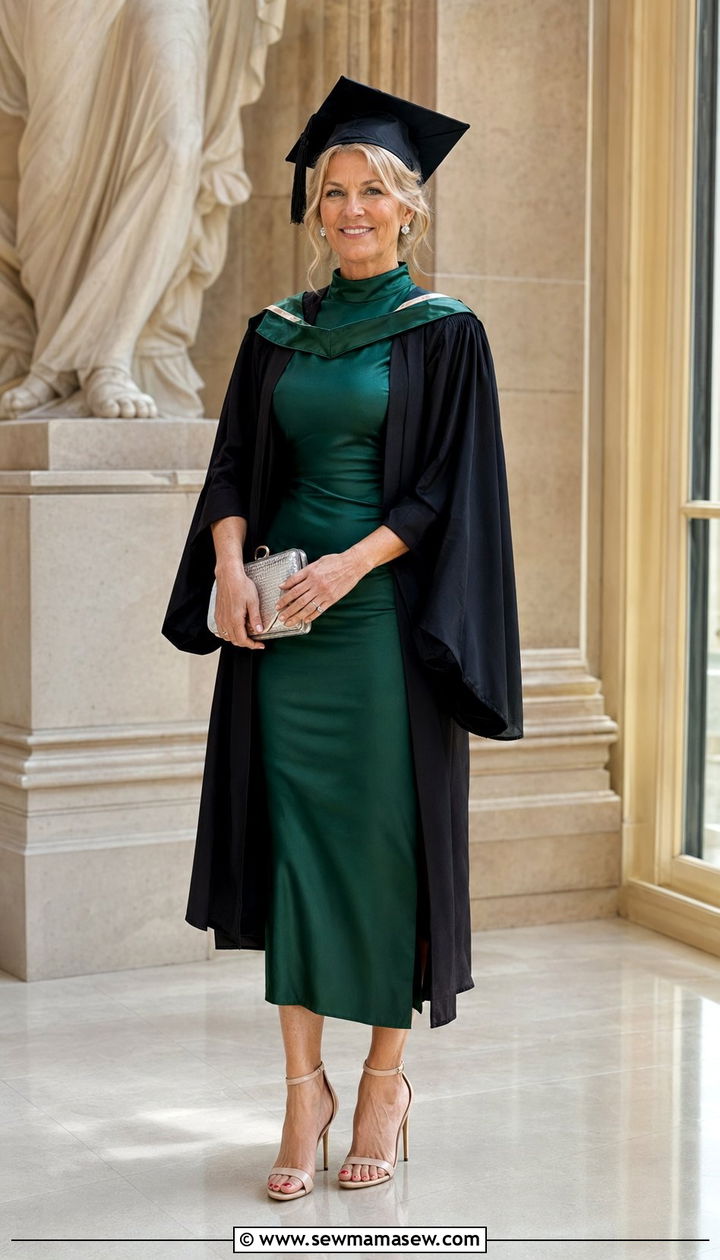 Emerald Green Silk Dress With High Neckline - 35 Graduation outfits for women over 50