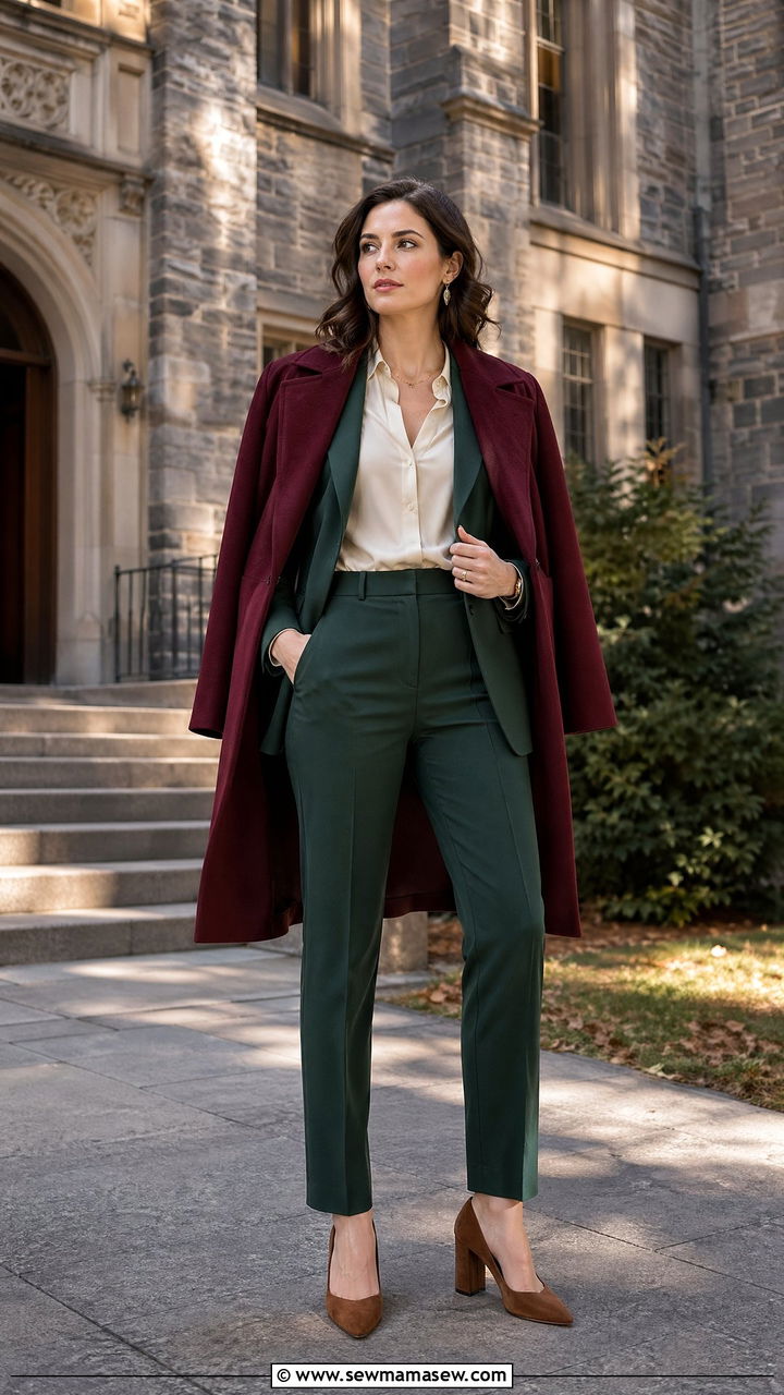 Emerald Green Suit Pants With Brown Suede Heels And Burgundy Coat - 35 College professor outfit ideas