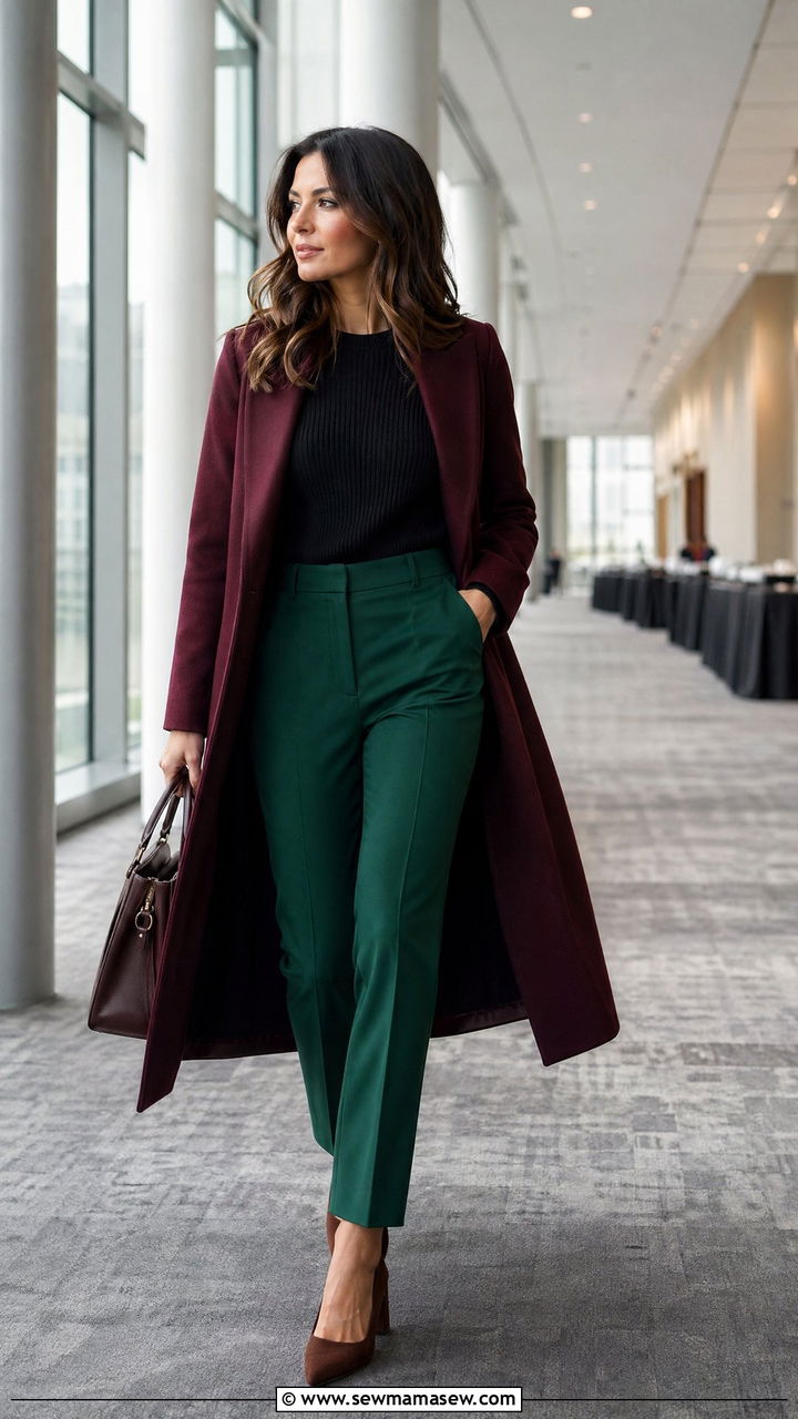 Emerald Green Suit Pants With Burgundy Coat And Brown Heels - 35 Counselor outfit ideas
