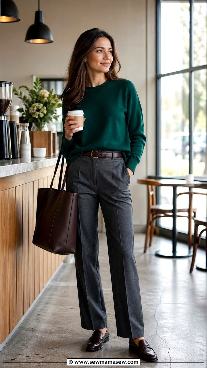Emerald Green Sweater With Grey Trousers - 40 All emerald green outfit ideas