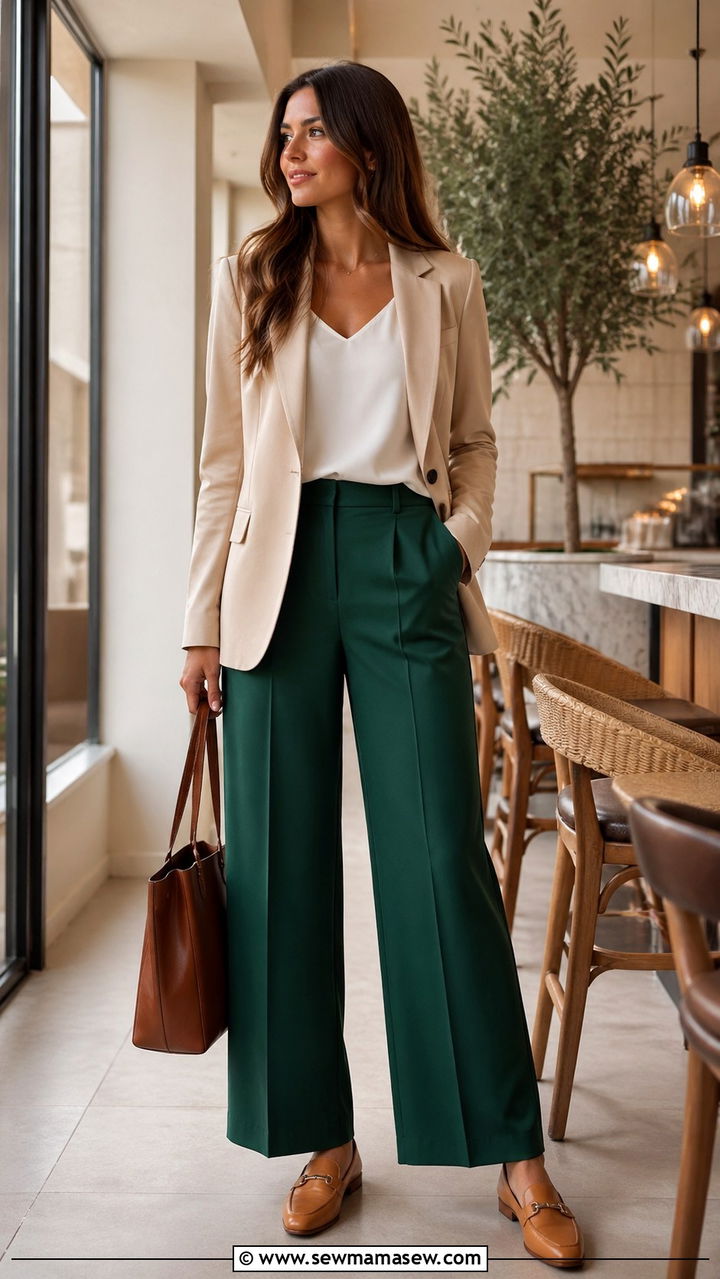 Emerald Green Trousers With Beige Blazer - 40 All emerald green outfit ideas
