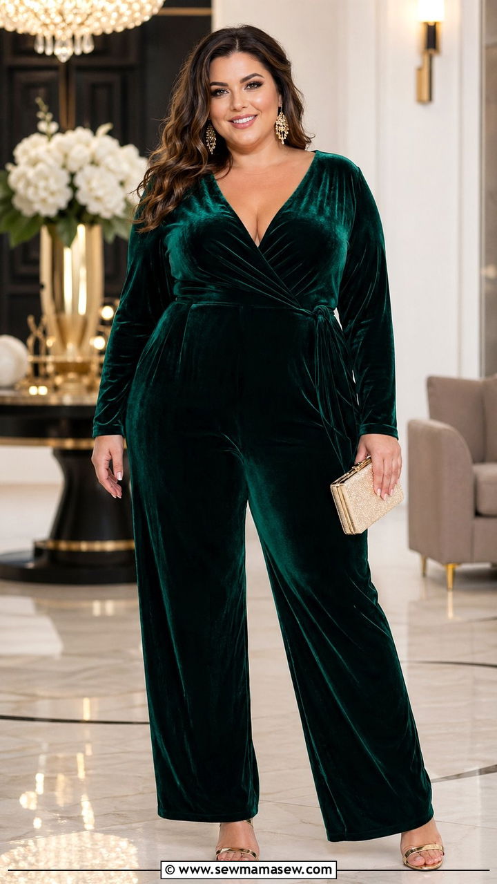 Emerald Green Velvet Jumpsuit and Gold Heels - 35 Plus size outfit ideas size 22