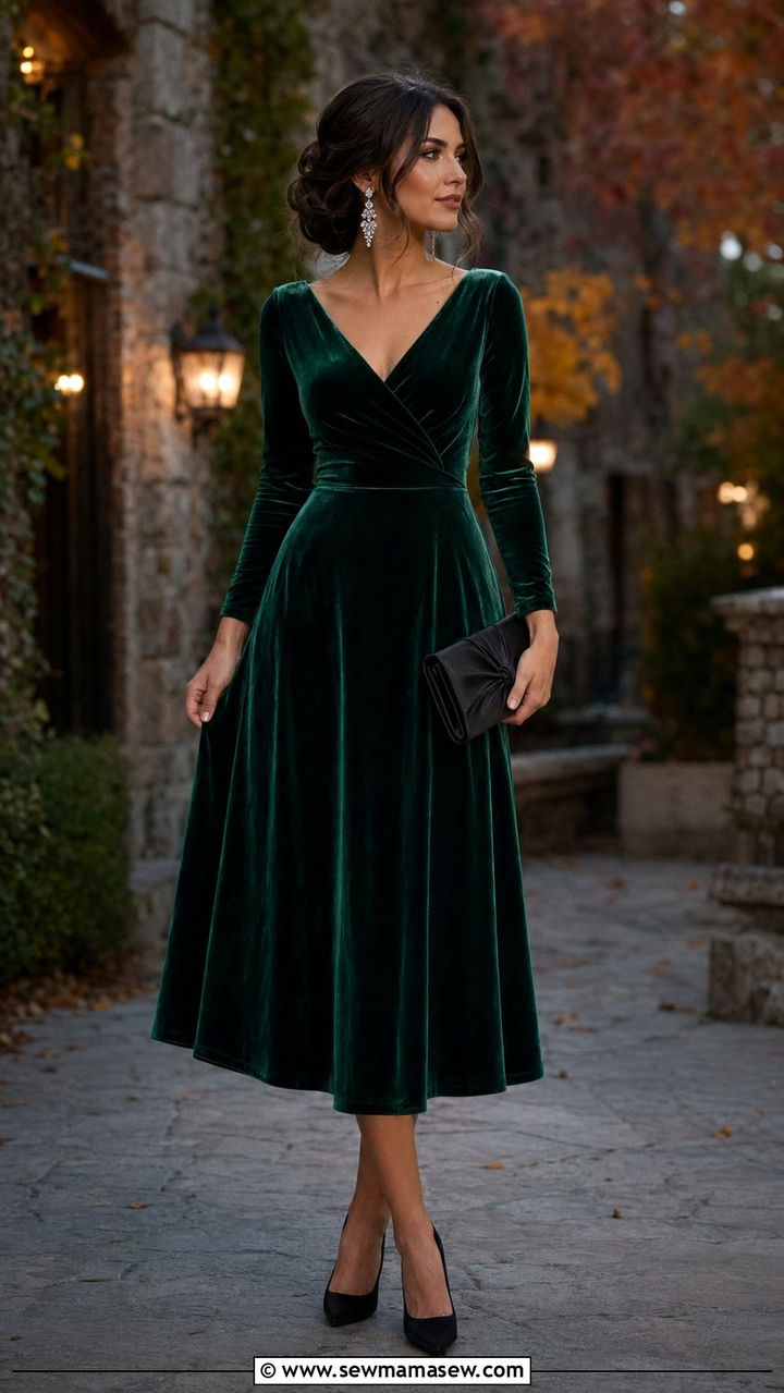 Emerald Green Velvet Midi Dress Wedding Look - 30 What to wear to a wedding over 40