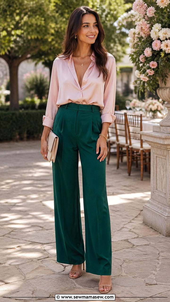 Emerald Green Wide Leg Pants With Pink Top - 40 All emerald green outfit ideas