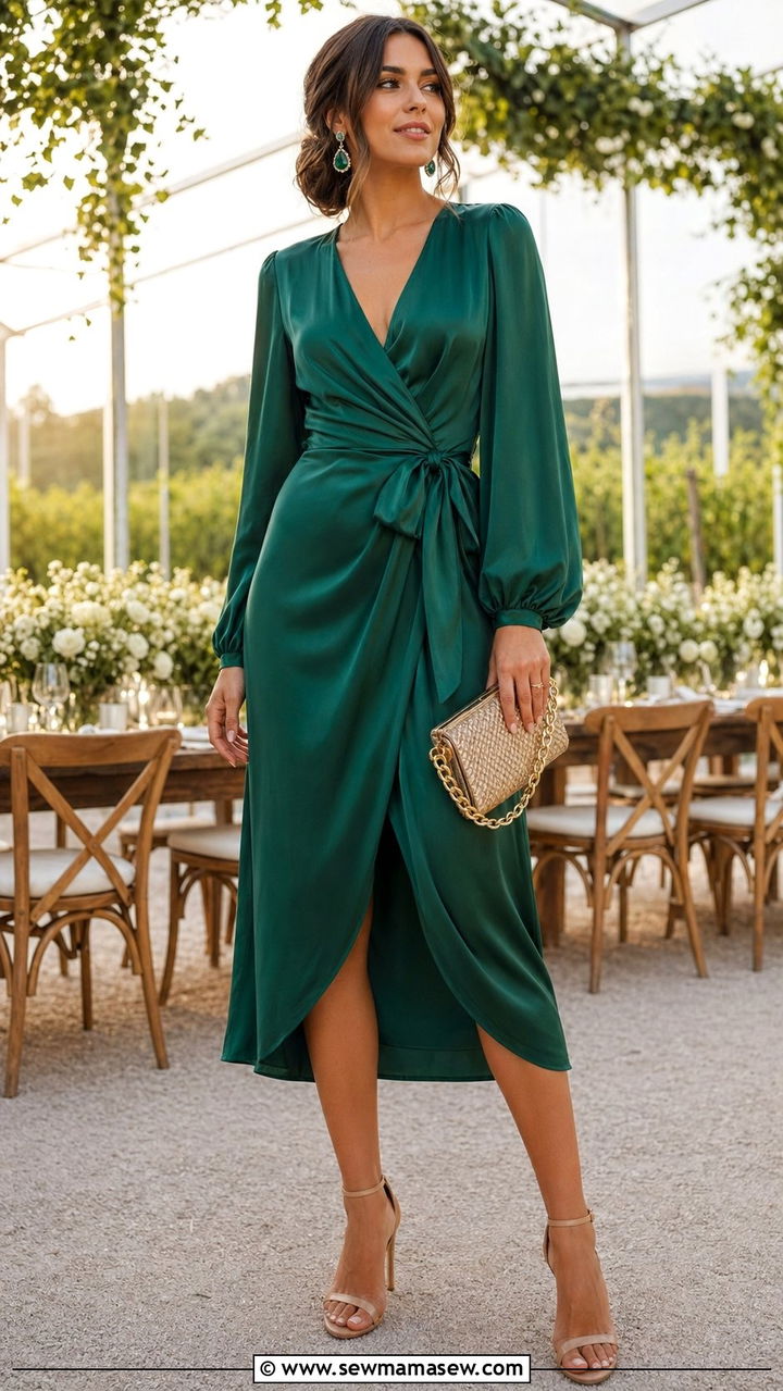 Emerald Green Wrap Dress - 30 Wedding guest outfits spring 2026