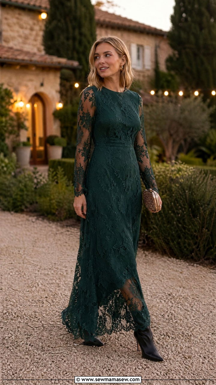 Emerald Lace Maxi with Long Sleeves - 35 Countryside wedding guest outfit ideas