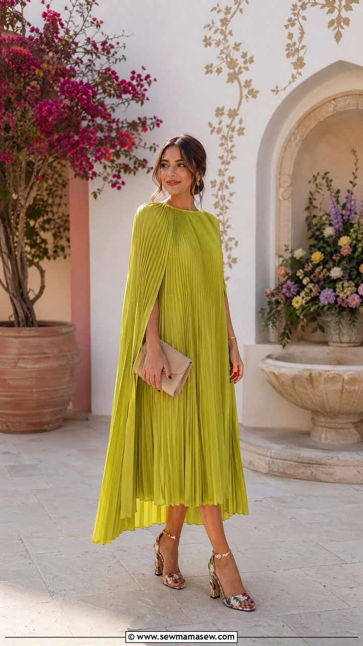 Emerald Pleated Cape Dress with Minimal Jewelry - 35 What to wear to a spring wedding