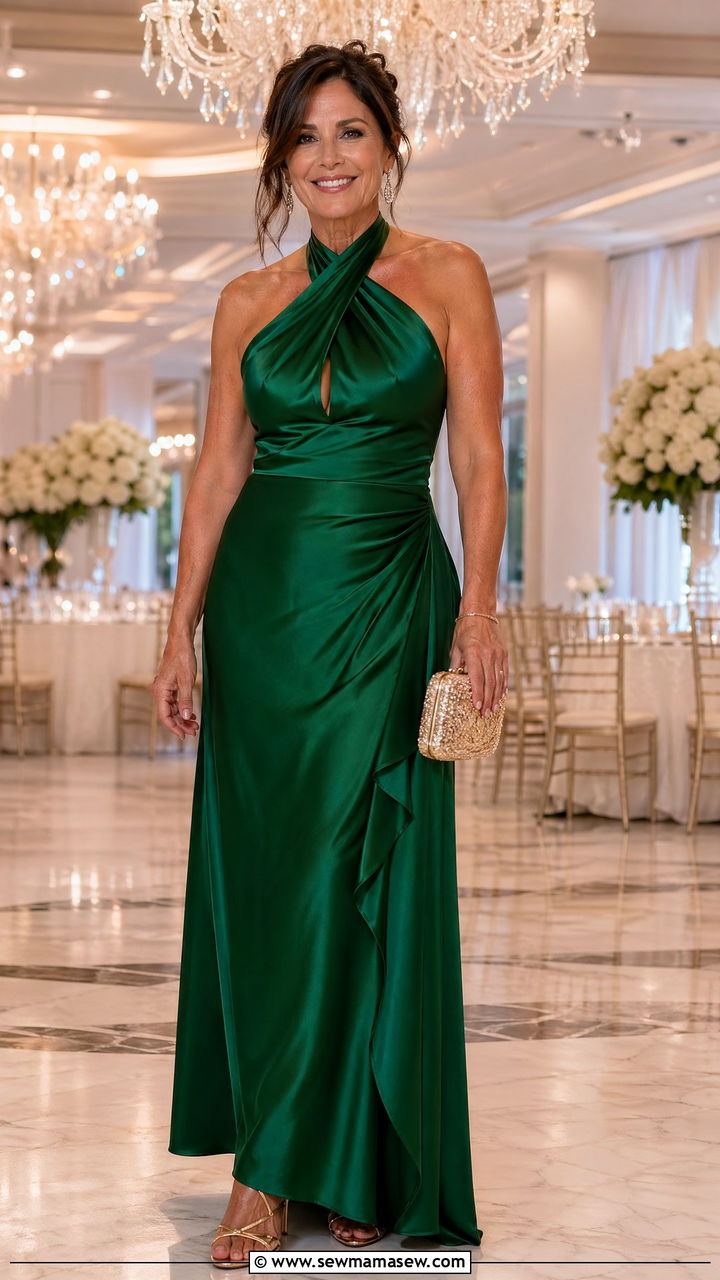 Emerald Satin Halter Gown for Black Tie Wedding - 35 Wedding guest outfits for women over 40