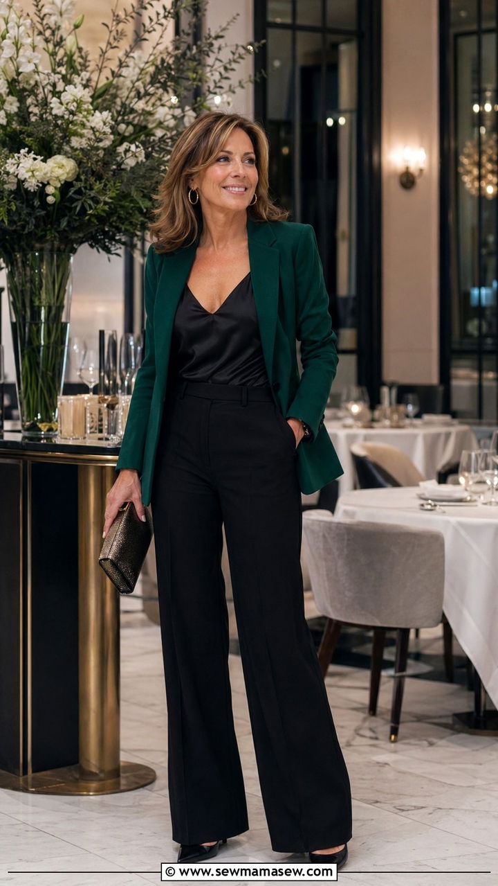 Emerald green blazer and black pants evening look over 40 - 35 Night out outfit ideas women over 40