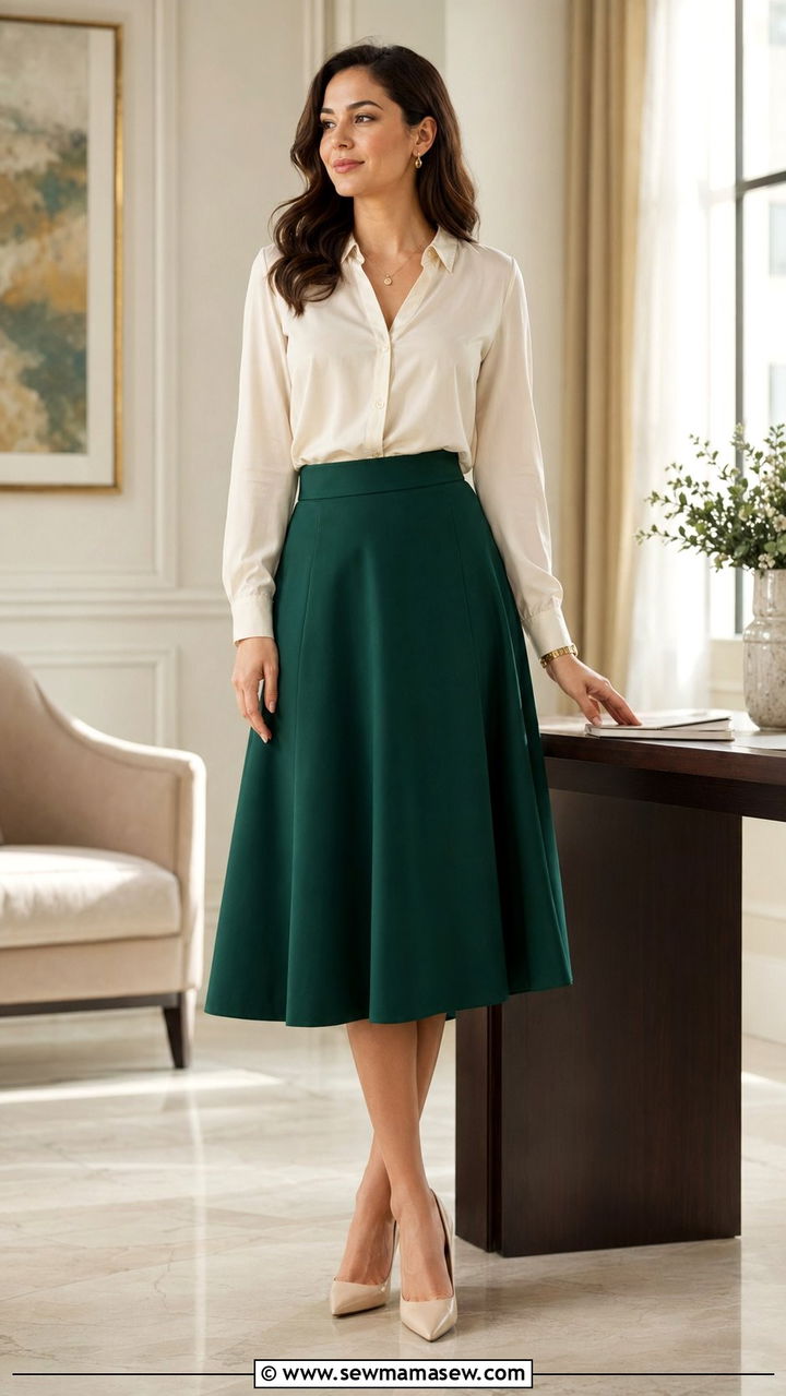 Emerald green midi skirt with cream blouse outfit - 35 Modest work outfit ideas