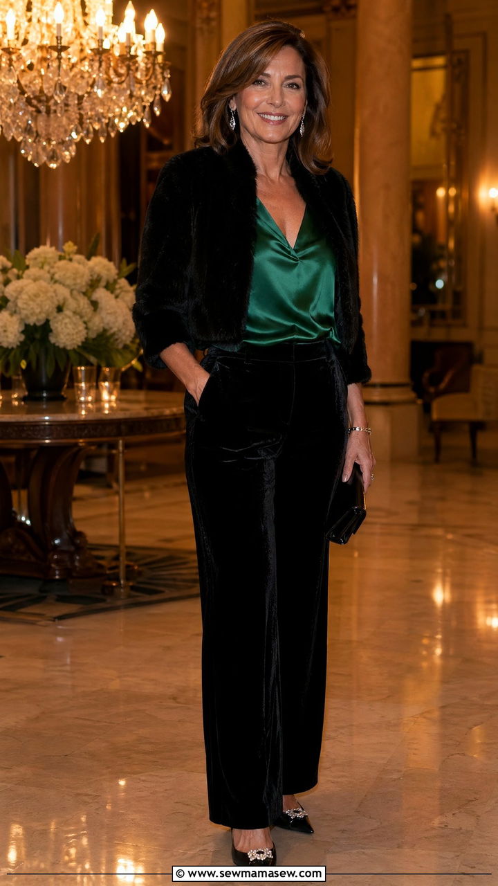 Emerald silk blouse with black velvet pants - 35 Classy outfit ideas for women over 40
